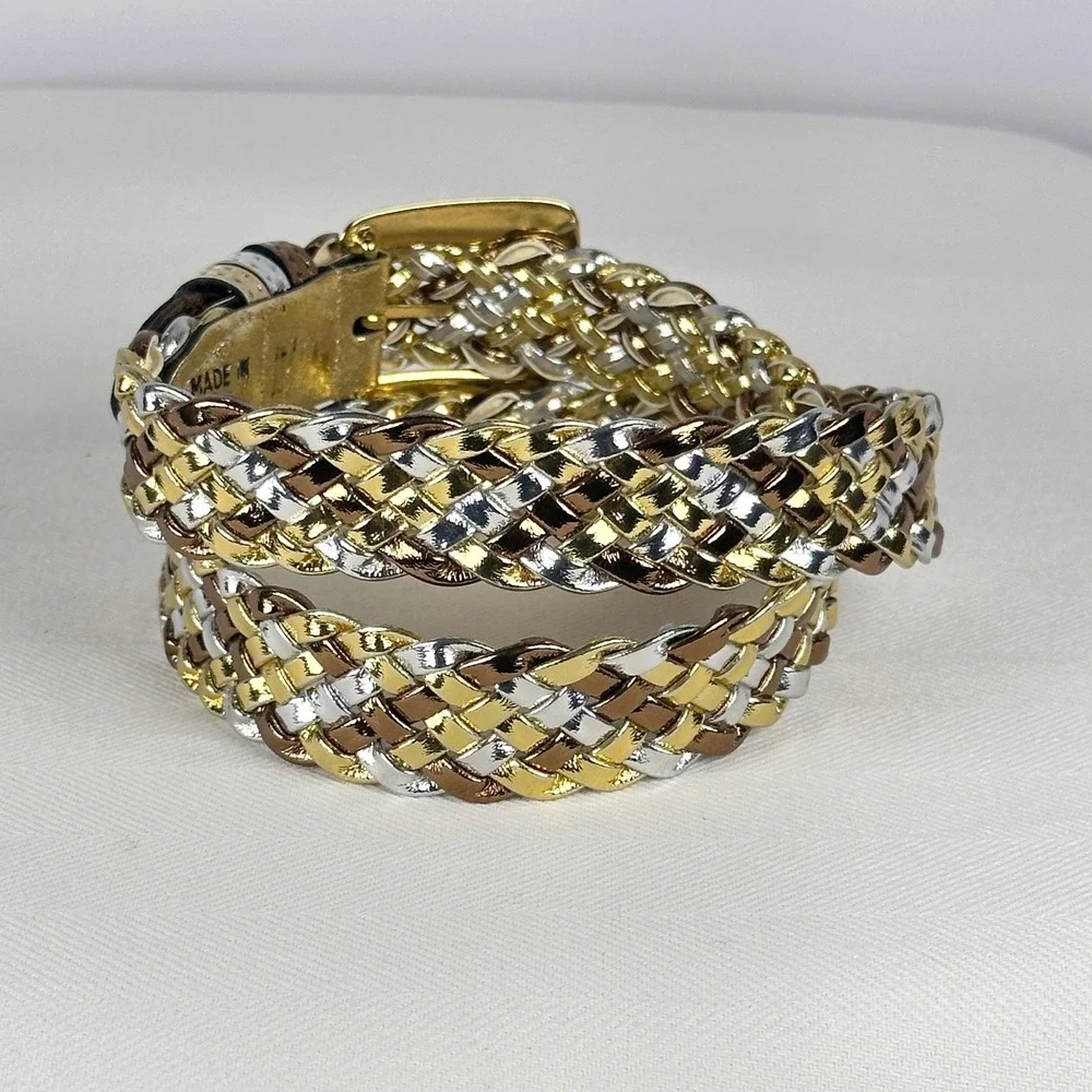Vintage 80s Braided‎ Tri-color Mixed Metal Gold Silver Bronze Woven Belt S/M USA